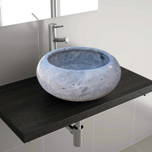 Natural Stone Sirius Silver Marble bathroom sink, round blue-gray stone vessel with chrome faucet