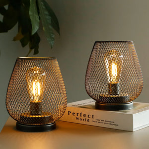 Table lamp set of 2, brown metal wire lamps by JHY DESIGN, battery-operated with warm Edison bulbs.
