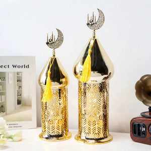 Set of 2 gold electric candle holders Ramadan lanterns by JHY DESIGN with crescent moon tops