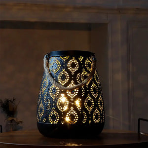 8''H Moroccan metal lamp, black with gold brush, battery-operated; vintage home decor by JHY DESIGN.