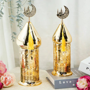 Set of 2 gold electric Ramadan lanterns with crescent-moon tops and ornate filigree bodies.