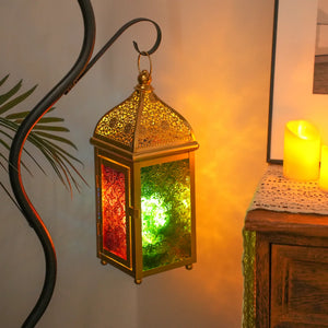 12'' Gold Moroccan Candle Lantern by JHY DESIGN with colorful glass panels.