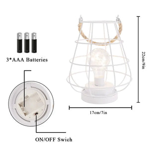 8.5-inch cordless accent light with Edison bulb, white wire cage, rope handle; JHY DESIGN, battery powered.