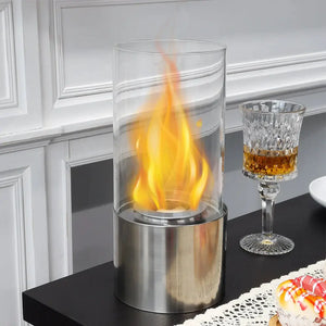 JHY DESIGN portable tabletop firepit, cylindrical glass enclosure with stainless steel base, gel/ethanol fireplace