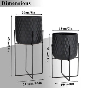 Flower pots set of 2 in black metal on minimalist stands, 12in and 18in tall, JHY DESIGN