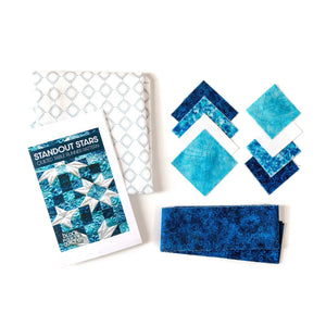 Quilt kit Standout Stars in Icy Blue Quilted Table Runner; precut cotton fabrics by Block Party Quilt Co
