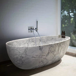Statuario White Marble Bathtub by Villohome, freestanding tub with gray veining