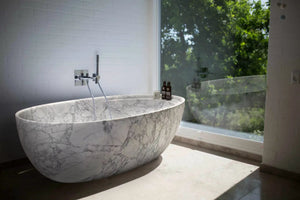 Villohome Statuario white marble bathtub, hand-carved from solid marble, freestanding oval 32x68x20 in.