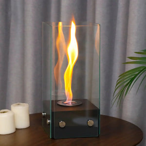 Rectangular glass tabletop firepit by JHY DESIGN, 35 cm high, gel/ethanol fireplace with glass walls.