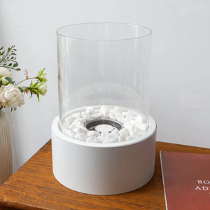 JHY DESIGN 11H Large Tabletop Fire Bowl Pot Fireplace with clear glass hurricane and white stones