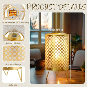 JHY DESIGN battery-operated table lamps, gold, set of 2, 9in tall, hollow lattice with built-in LED and 6-hour timer