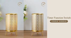 Set of 2 gold battery-operated table lamps, 9 inches tall, with metal lattice pattern and tripod legs, timer switch