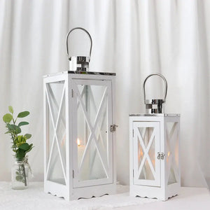 Set of 2 white rectangular farmhouse wood lanterns with glass panels and metal handles (17.5 in, 24.5 in).