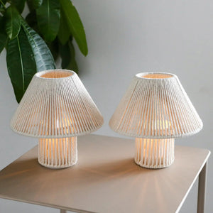 Set of 2 woven cotton rope LED cordless table lamps by JHY DESIGN, boho style on a wooden table