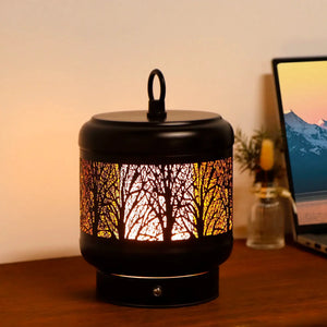 4000mAh rechargeable desk lamp by JHY DESIGN with tree-patterned metal shade, warm glow