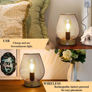 Two 8H touch-adjustable table lamps with wooden bases and bronze egg cages, battery-powered.