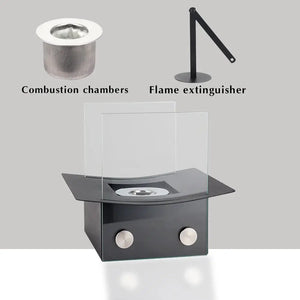 8-inch H Portable Tabletop Fireplace by JHY DESIGN, black metal base with glass panels for gel/ethanol flames