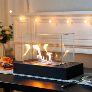 JHY DESIGN 360° View Rectangular Tabletop Fire Bowl with Four-Sided Glass, black base