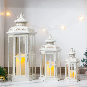 Set of 3 white vintage metal candle lanterns with glass panels and gold brush accents in 20, 14 and 10 by JHY DESIGN