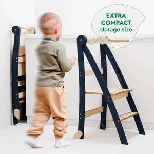 Toddler Tower: graphite navy step stool with natural wood steps