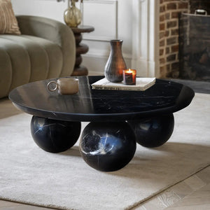 Toros Black Marble Round Designer Coffee Table with Sphere Legs by Villohome