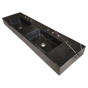 Villohome Toros black marble double sink, two-basin wall-mount bathroom vanity, polished.