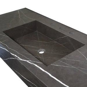 Toros black veined marble rectangular wall-mount bathroom sink by Villohome with 3-hole faucet deck and center drain.
