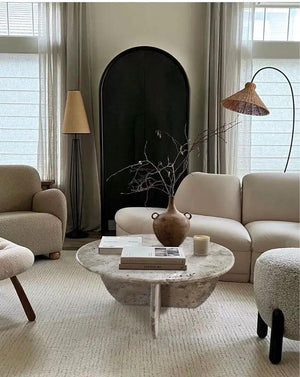 Villohome Troia Light Travertine round polished coffee table, 27.5" diameter x 16" high.