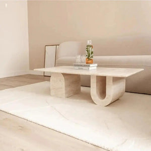 Troia Light Travertine coffee table with U-shaped legs in cream travertine by Villohome, 48in L x 28in W x 13in H