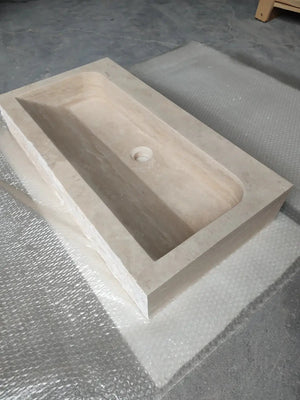 Troia Light Travertine Rustic rectangular wall-mount bathroom sink by Villohome, 30in L x 16in W x 5in H.
