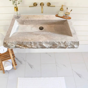 Troia Light Travertine rustic rectangular wall-mount bathroom sink in beige with brass faucet