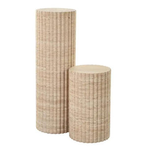 Villohome Troia Light Travertine Plinth Side Tables, fluted unfilled honed finish, set of 2