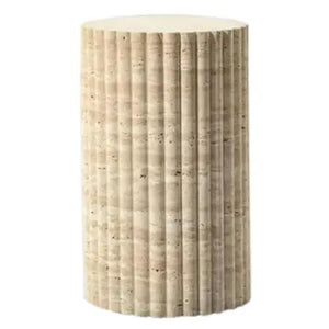 Troia Light Travertine Plinth Side Table by Villohome, fluted, honed beige
