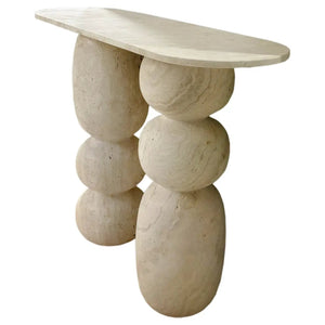 Troia Light Travertine Console by Villohome; light beige honed travertine top on stacked stone pedestals