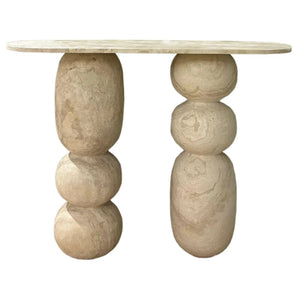 Troia Light Travertine designer console by Villohome; filled and honed travertine, 49in L x 12in W x 31.5in H