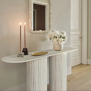 Troia Light Travertine Fluted-Leg Designer Console Table by Villohome