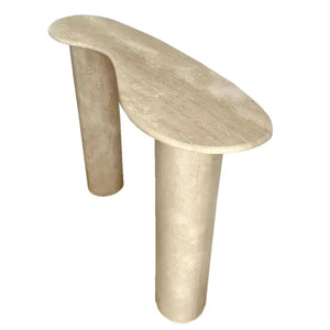 Troia Light Travertine Designer Console, filled and honed, light beige travertine with curved top and cylindrical legs.