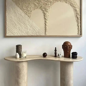 Troia Light Travertine Console by Villohome; light honed travertine with curved edges and two cylindrical legs
