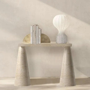 Troia light travertine console table with cone-shaped legs
