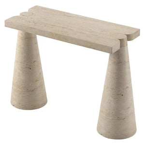 Troia Light Travertine console table by Villohome with polished cone-shaped legs