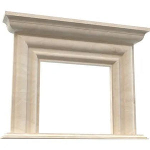 Troia Light Travertine modern hand-carved fireplace surround by Villohome in light beige travertine stone.