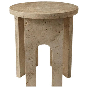 Troia light travertine round end table with U-shaped legs, 18 in dia x 20 in high