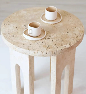 Troia Light Travertine Round End Table with U-shaped legs unfilled honed travertine 18in dia x 20in high Villohome