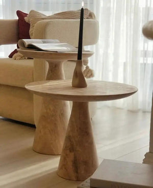 Villohome Troia light travertine round end tables with conic legs, honed finish (2)