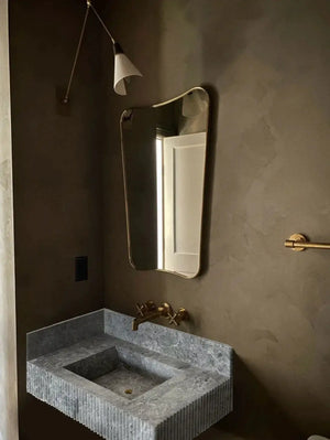Tundra Gray Marble wall-mount bathroom sink by Villohome with 6-inch backsplash, gray ribbed stone and brass faucet