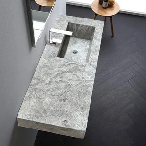 Tundra Gray Marble rectangular wall-mount vanity top sink by Villohome, 48in L x 20in W with chrome faucet.