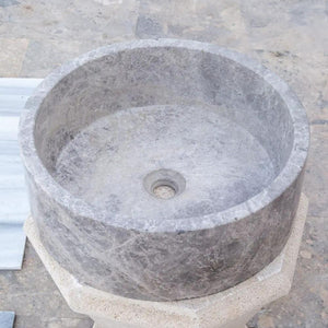 Bathroom sink Villohome, round Tundra Grey marble, above-vanity basin, polished gray stone, 16.5 in diameter.
