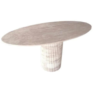 Villohome Tuscany beige travertine oval coffee table with fluted pedestal leg, 24x50x23 inches