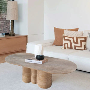 Tuscany Walnut Travertine vein-cut oval coffee table with wavy legs