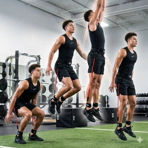 HoopsKing Vertical Jump Trainer Resistance Bands; black bands with red cords used by four athletes.